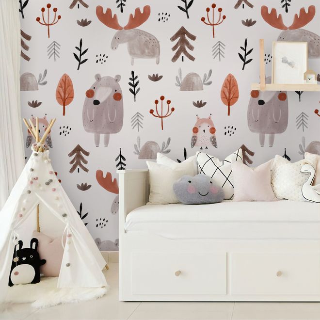 Cute Cartoon Animals with Twigs Wallpaper Mural