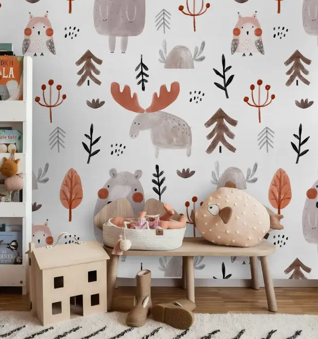 Cute Cartoon Animals with Twigs Wallpaper Mural