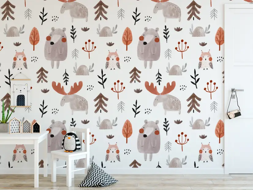 Cute Cartoon Animals with Twigs Wallpaper Mural