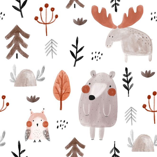Cute Cartoon Animals with Twigs Wallpaper Mural