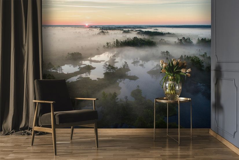 Foggy Rive Forest Landscape Wallpaper Mural