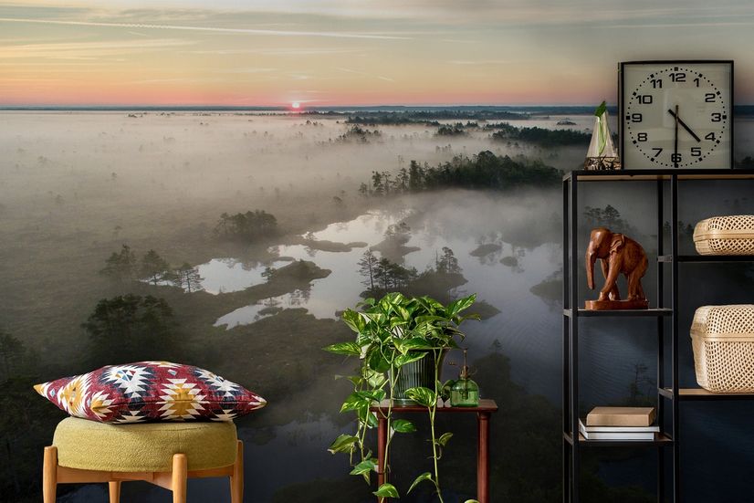 Foggy Rive Forest Landscape Wallpaper Mural