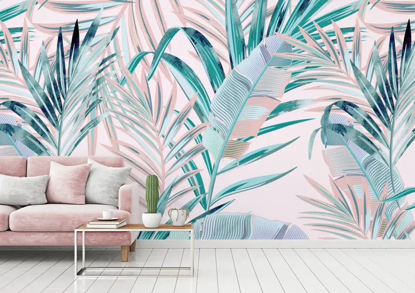 Tropical Pink Exotic Colorful Palm Leaf Wallpaper Mural