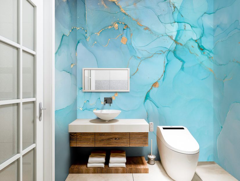 Light Blue Marble with Gold Look Splash Wallpaper Mural