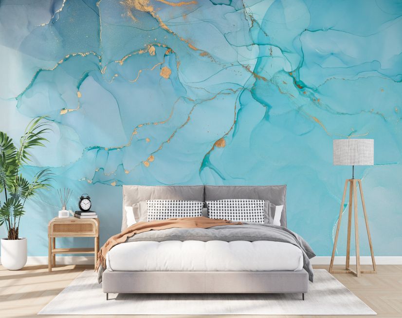 Light Blue Marble with Gold Look Splash Wallpaper Mural