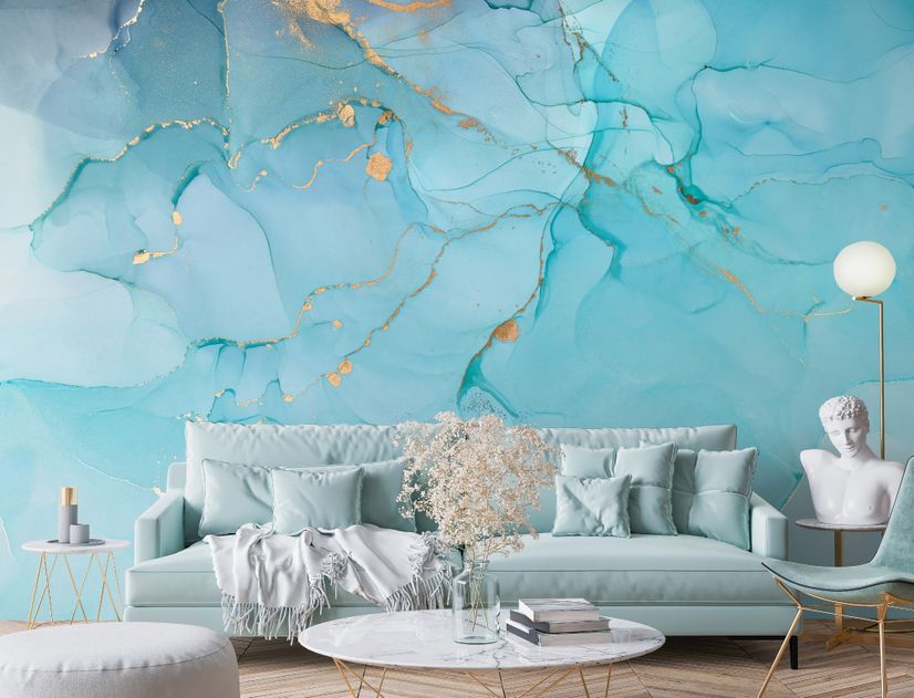 Light Blue Marble with Gold Look Splash Wallpaper Mural