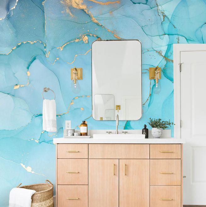 Light Blue Marble with Gold Look Splash Wallpaper Mural