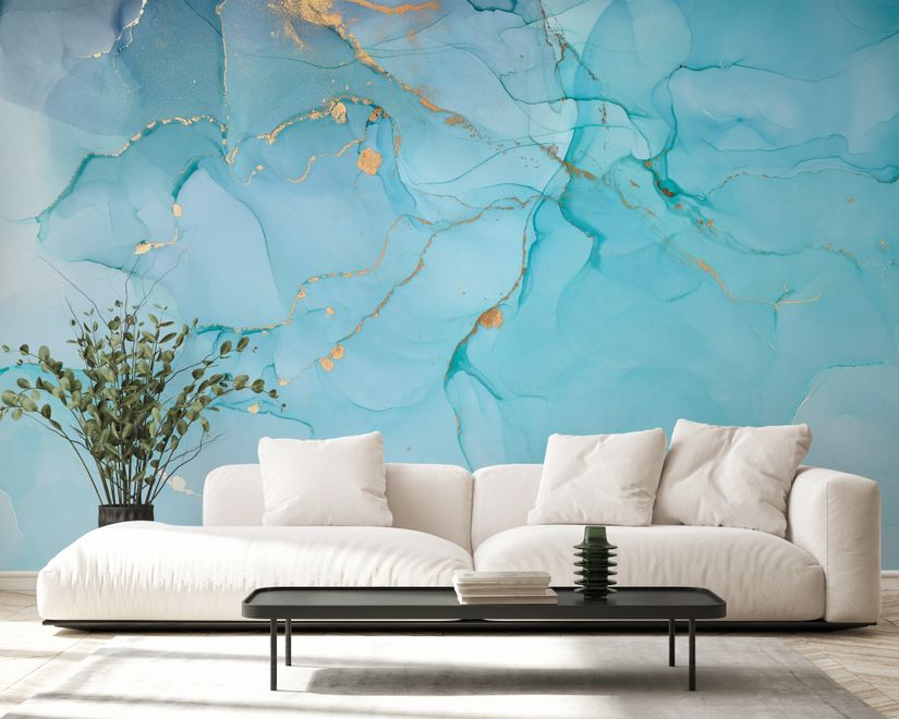Light Blue Marble with Gold Look Splash Wallpaper Mural