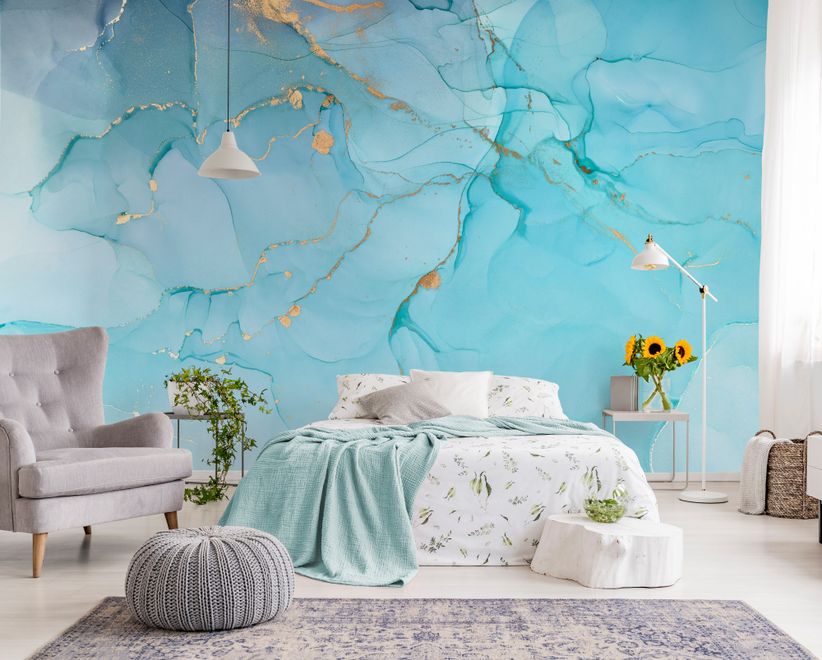 Light Blue Marble with Gold Look Splash Wallpaper Mural