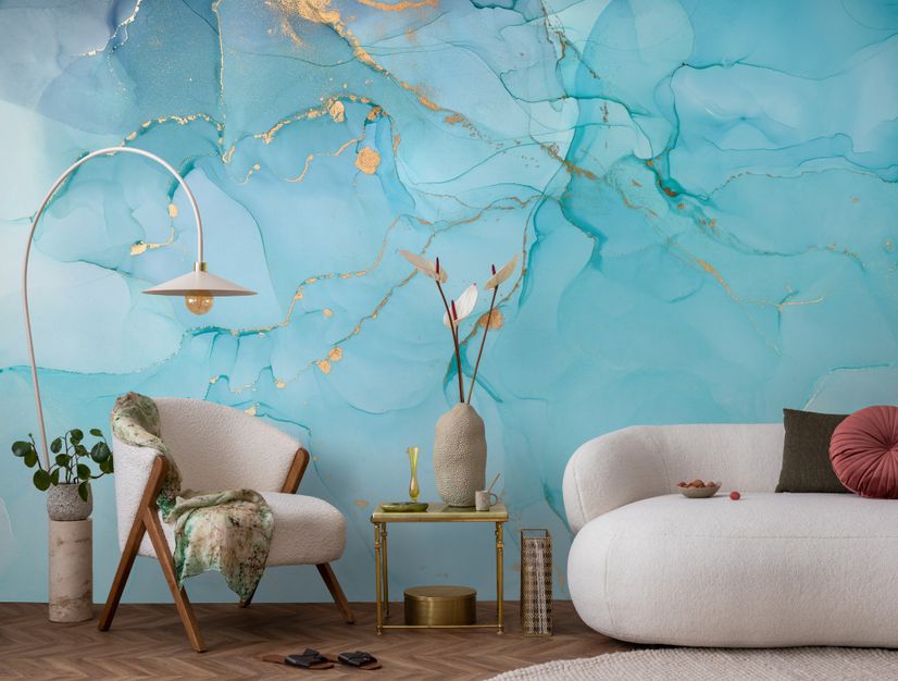 Light Blue Marble with Gold Look Splash Wallpaper Mural