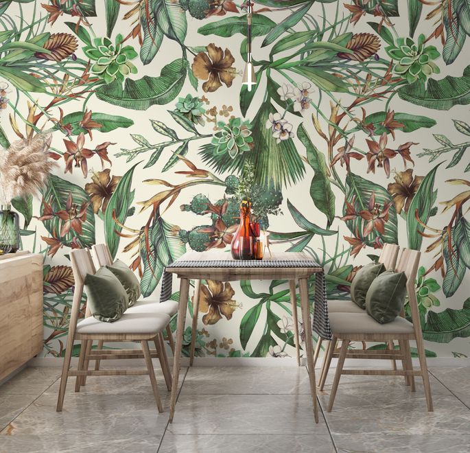Watercolor Green Tropical Leaves Wallpaper Mural