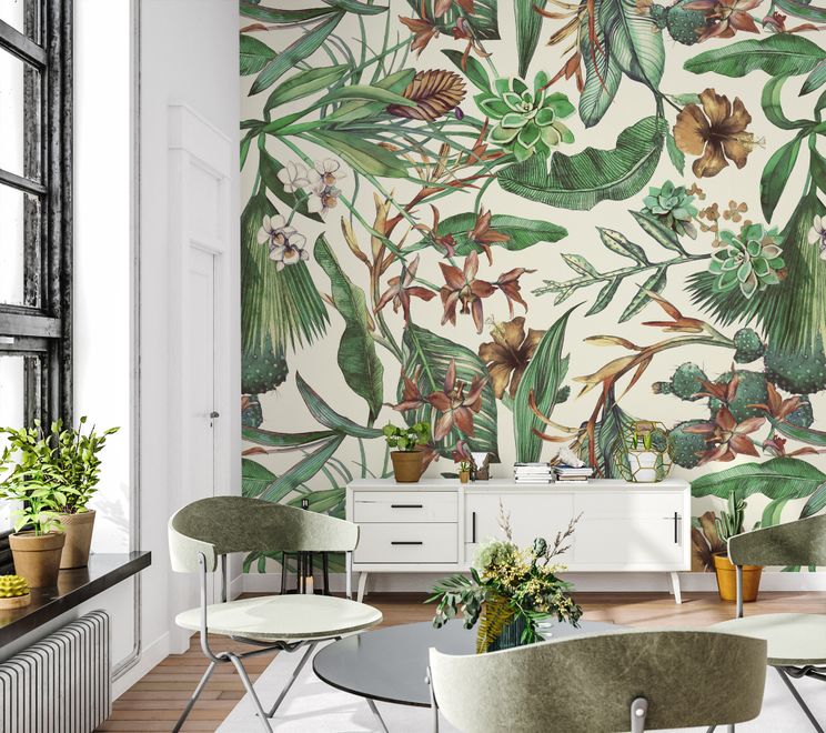 Watercolor Green Tropical Leaves Wallpaper Mural