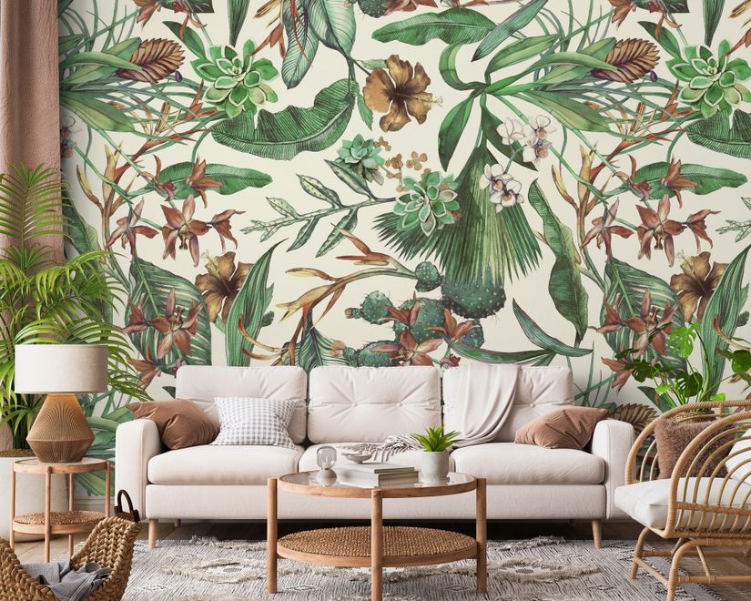 Watercolor Green Tropical Leaves Wallpaper Mural