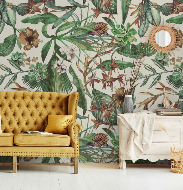 Watercolor Green Tropical Leaves Wallpaper Mural