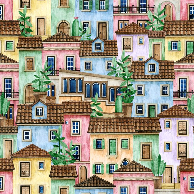 Kids Watercolor Medieval House with Plants Wallpaper Mural