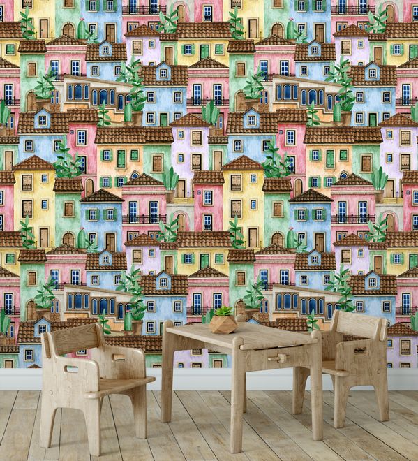 Kids Watercolor Medieval House with Plants Wallpaper Mural