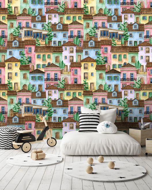 Kids Watercolor Medieval House with Plants Wallpaper Mural