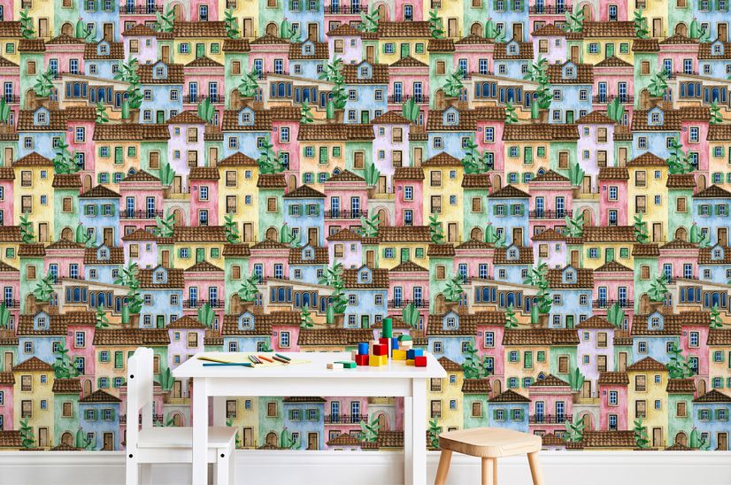 Kids Watercolor Medieval House with Plants Wallpaper Mural