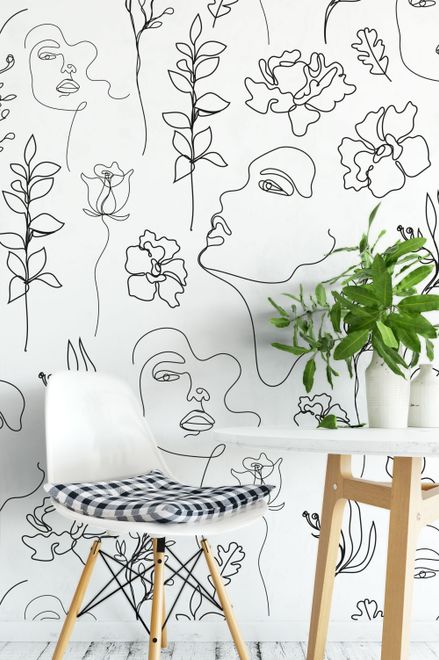 Soft Woman Face with Floral Drawing Line Art Wallpaper Mural