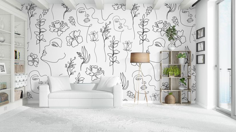 Soft Woman Face with Floral Drawing Line Art Wallpaper Mural