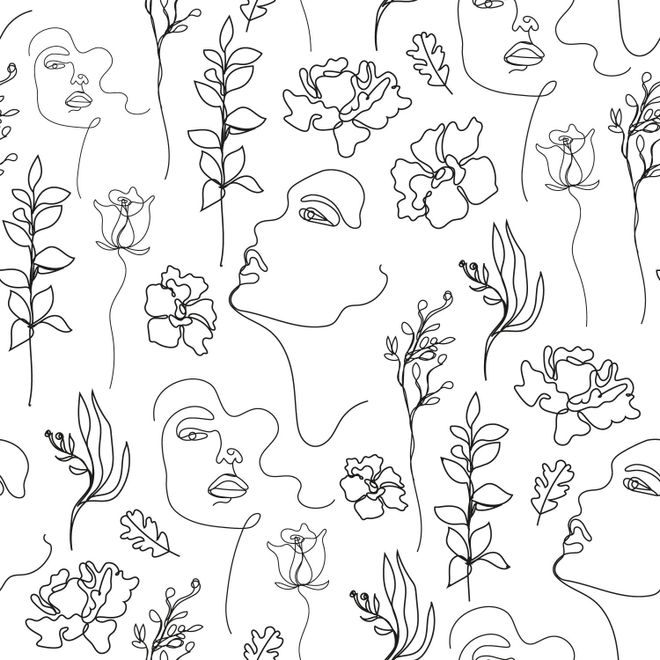 Soft Woman Face with Floral Drawing Line Art Wallpaper Mural