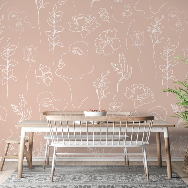 Soft Woman Face with Floral Drawing Line Art Wallpaper Mural