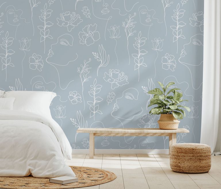 Soft Woman Face with Floral Drawing Line Art Wallpaper Mural