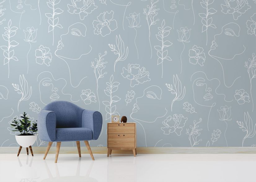 Soft Woman Face with Floral Drawing Line Art Wallpaper Mural