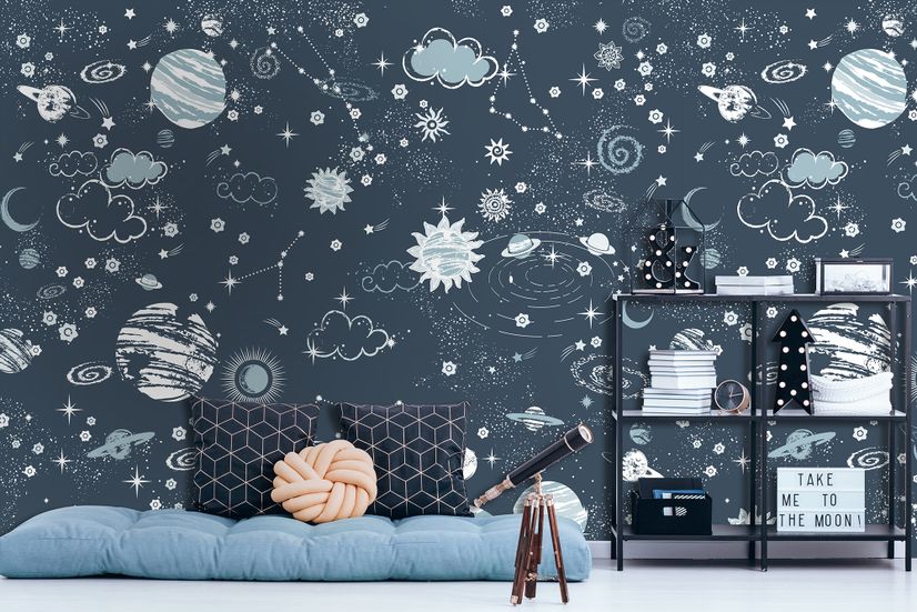 Dark Space Starry Sky with Blue Planets Wallpaper Mural