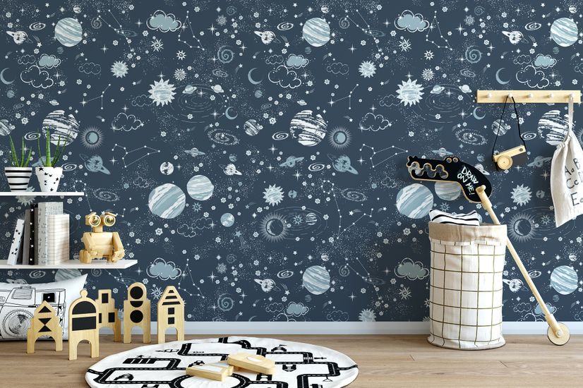 Dark Space Starry Sky with Blue Planets Wallpaper Mural
