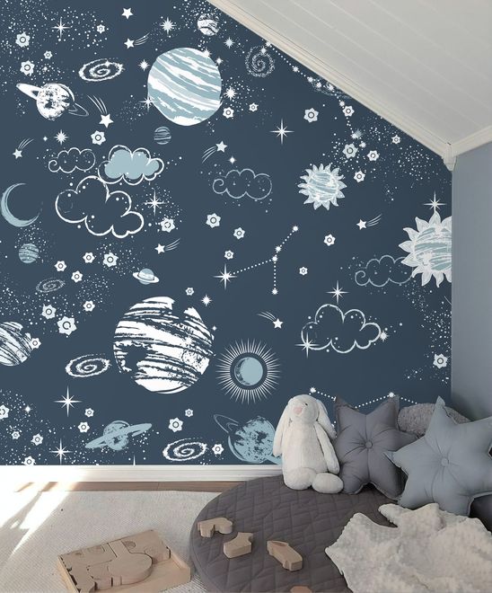 Dark Space Starry Sky with Blue Planets Wallpaper Mural