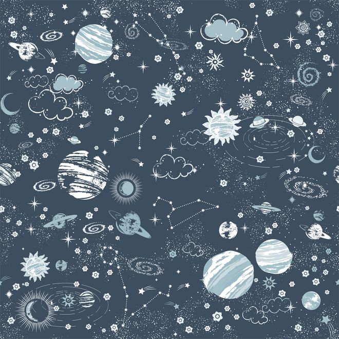 Dark Space Starry Sky with Blue Planets Wallpaper Mural