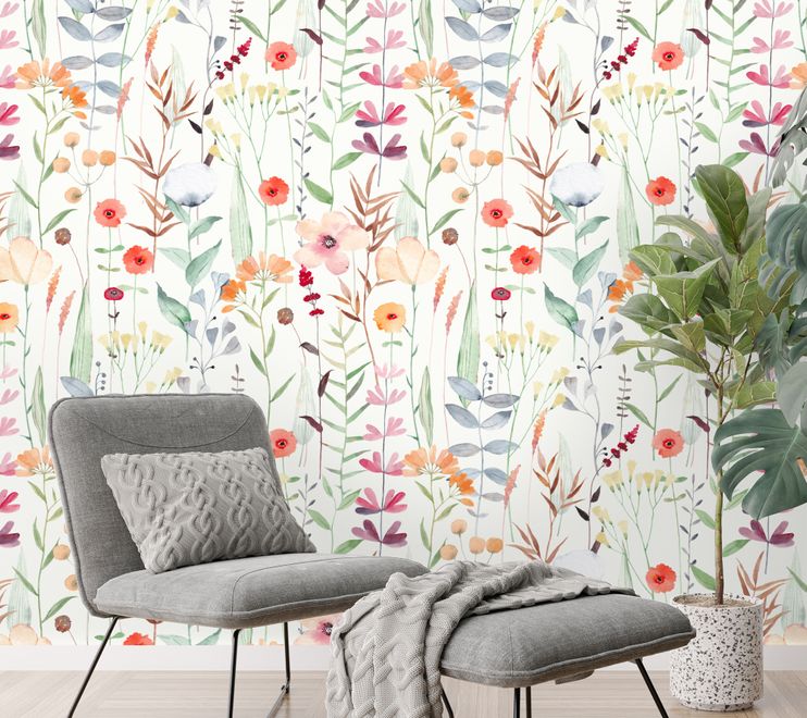 Watercolor Colorful Wildflower Garden Wallpaper Mural