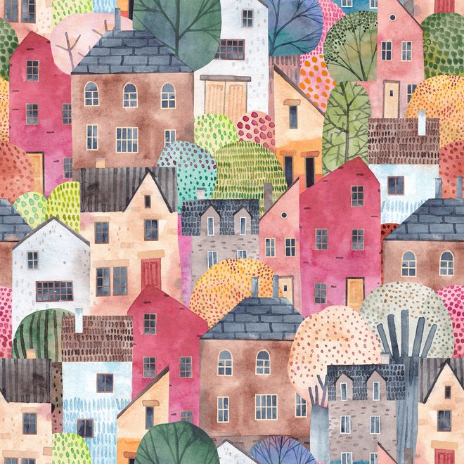 Kids Watercolor Cute Town House Wallpaper Mural