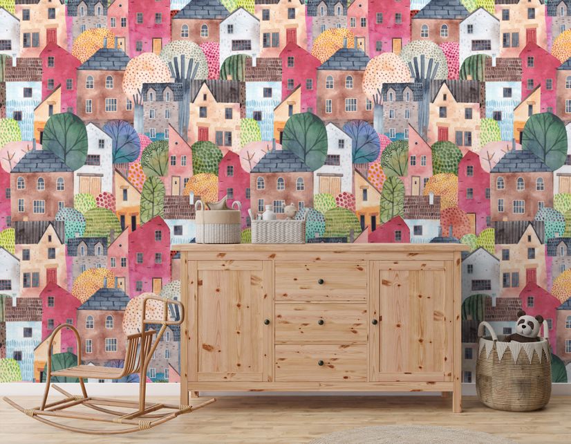 Kids Watercolor Cute Town House Wallpaper Mural