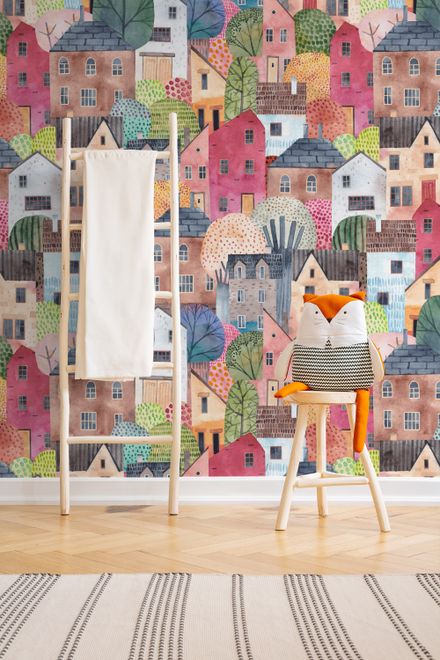 Kids Watercolor Cute Town House Wallpaper Mural