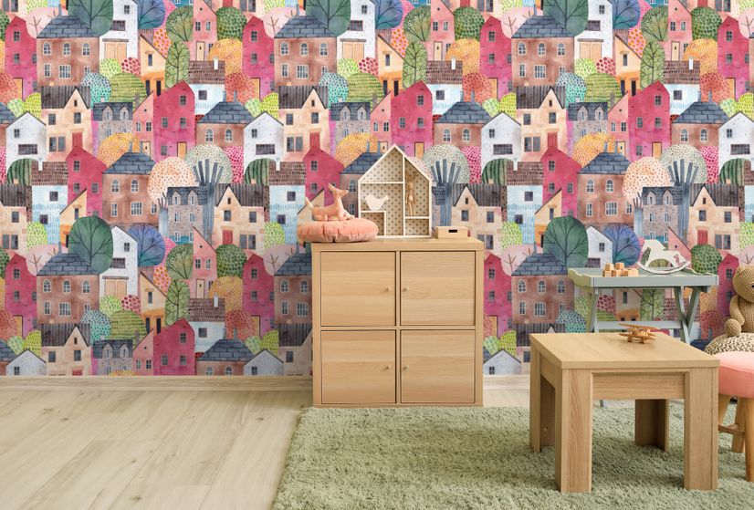 Kids Watercolor Cute Town House Wallpaper Mural