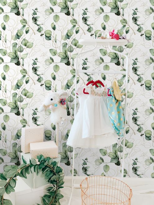 Watercolor Green Eucalyptus Leaf Wallpaper Mural