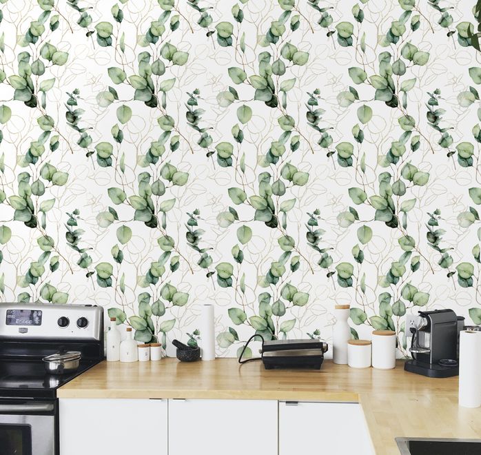 Watercolor Green Eucalyptus Leaf Wallpaper Mural