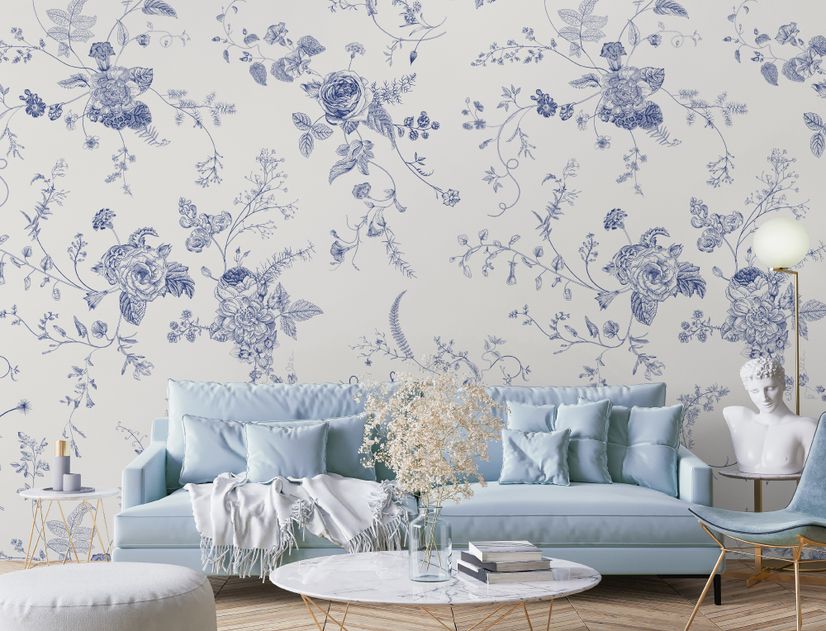 Monochrome Floral Drawing Art Wallpaper Mural