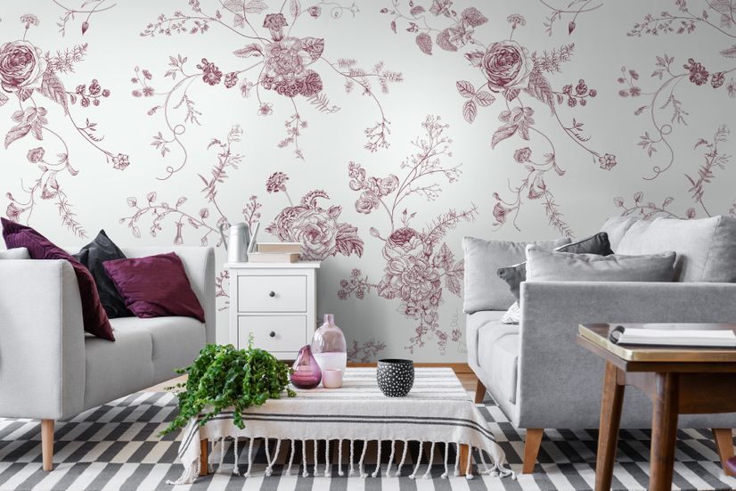 Monochrome Floral Drawing Art Wallpaper Mural