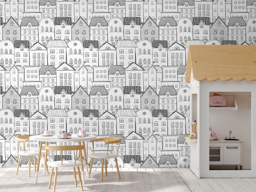 Kids Black and White Sketch House Wallpaper Mural