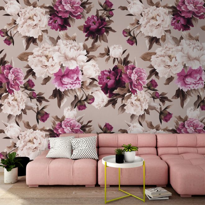 Cream Pink Peony Floral Pattern Wallpaper Mural