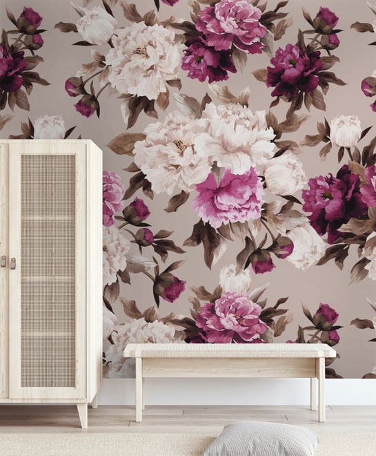 Cream Pink Peony Floral Pattern Wallpaper Mural