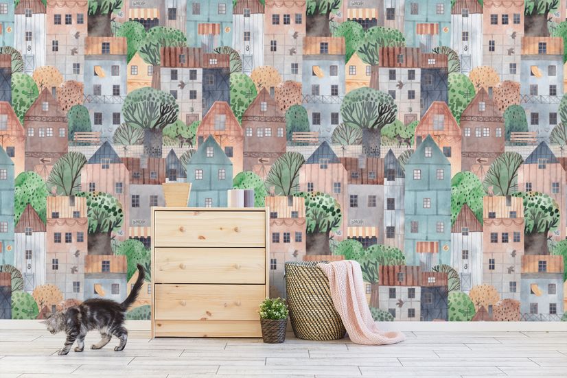 Kids Small Town Cute Watercolor House Wallpaper Mural