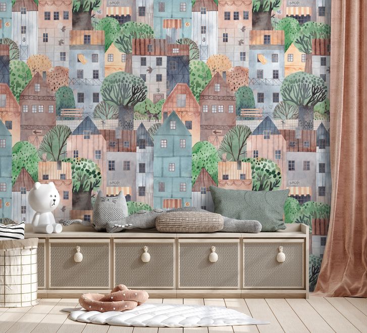 Kids Small Town Cute Watercolor House Wallpaper Mural