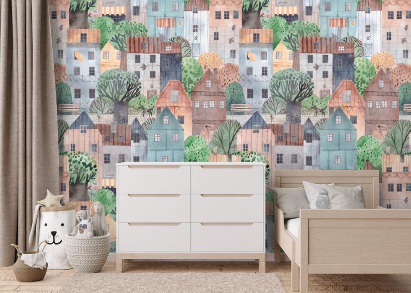 Kids Small Town Cute Watercolor House Wallpaper Mural