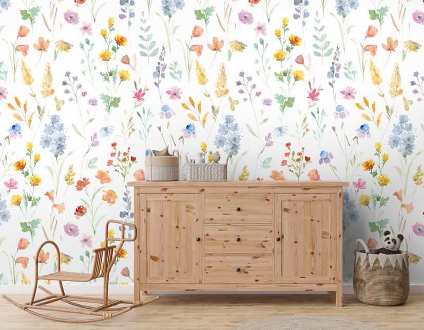 Watercolor Colorful Botanical Wild Flower Wallpaper Mural