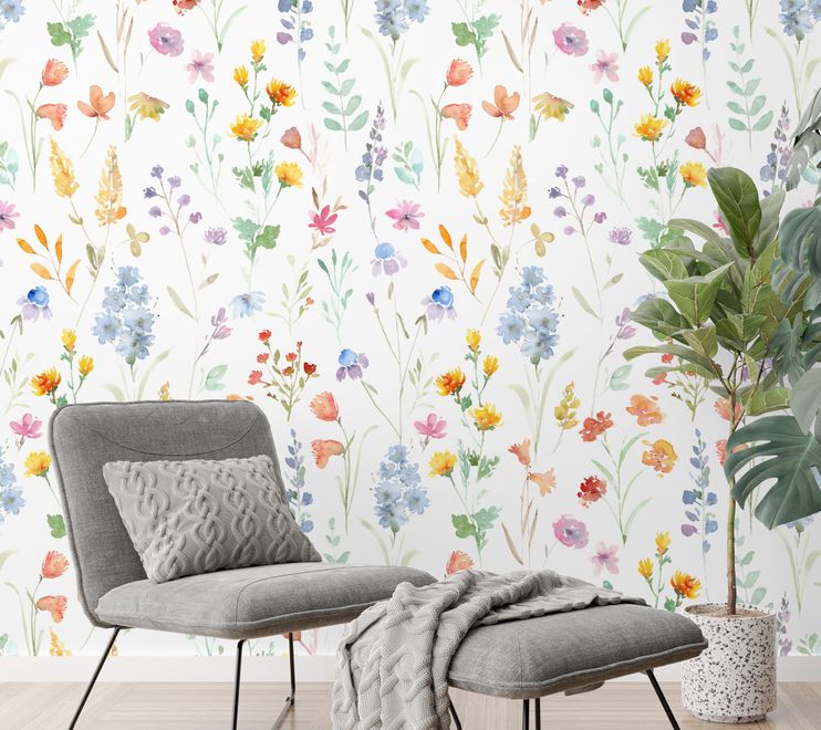 Watercolor Colorful Botanical Wild Flower Wallpaper Mural