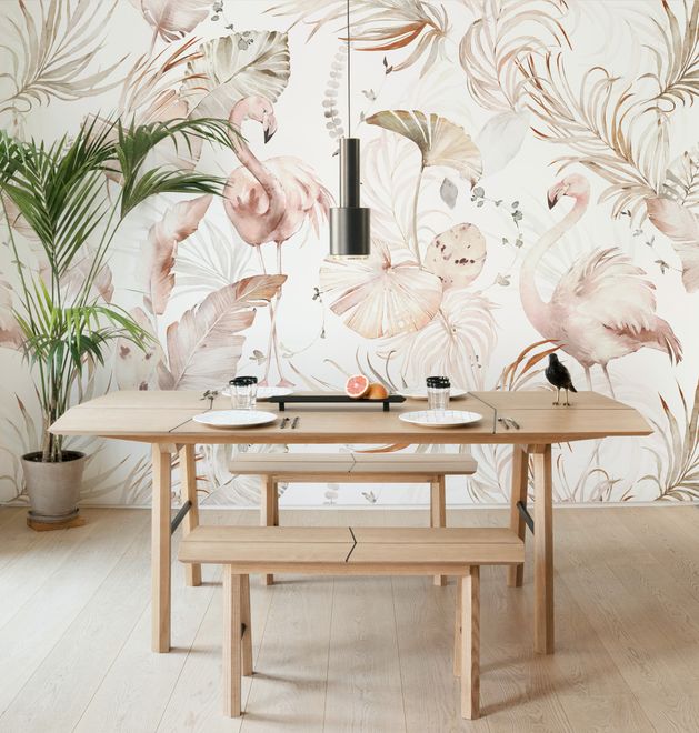 Soft Flamingo Art with Boho Tropical Leaf Wallpaper Mural
